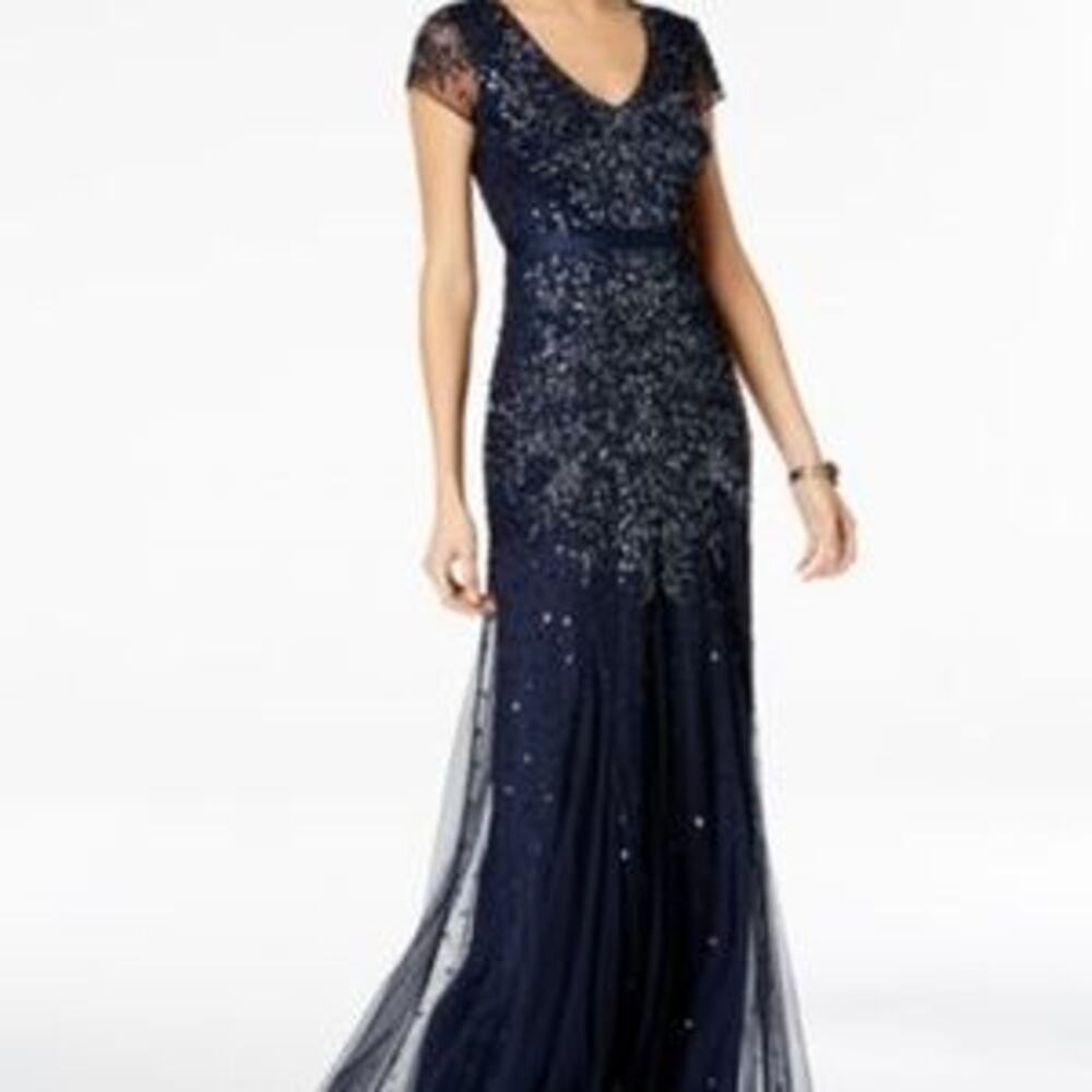 Adrianna Papell Navy Blue Cap-Sleeve Embellished Bridal Formal Gown Women's 4